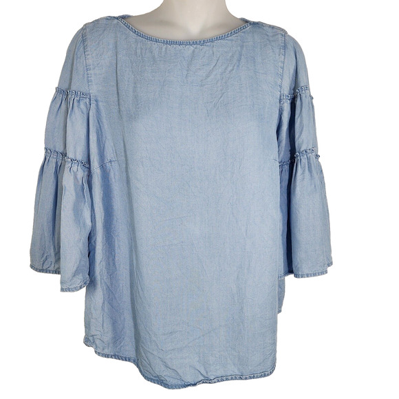 J Jill Denim Top XS Petite Chambray Tiered Ruffle Bell Sleeve Tencel Lyocell Blu - Picture 1 of 13